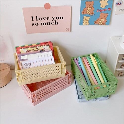 Mini Foldable Plastic Storage Basket Student Home Office Desktop Storage Box Stationery Container Cosmetic Make Up Organizer Box