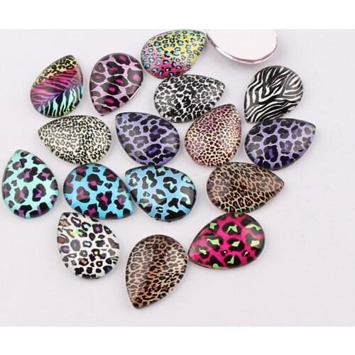 Water Drop Mix Style Leopard Print 16pcs Glass Cabochon 18x25mm Flatback Dome Cabochon Base Setting DIY Accessories Jewelry