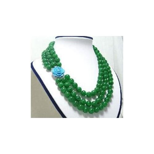Wedding Woman Jewelry 3 Rows Necklace 10mm Round Green Bead Necklace Rose Clasp Handmade