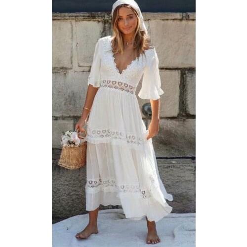 TEELYNN Sexy Deep V-neck Backless Cotton White Lace Dress Women Vintage Hollow Out Maxi Dresses Summer Boho Beach Party Dress