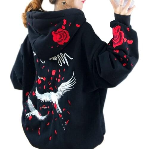 High Quality Autumn Winter Thicken Hoodie Chinese Style Crane Rose Embroidered Sweatshirt Oversized Warm Long Pullover Outwear