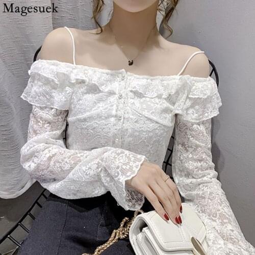 Spring Ruffle Stitching Lace Womens Shirt Elegant Sexy Off-shoulder Blouse Women Solid Slim Female Tops Clothes Blusas 15833
