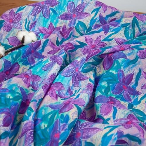 High quality flax material Purple flowers printing patchwork High grade robe dress cheongsam fabric