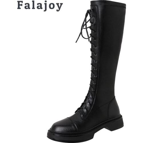 Falajoy Lace up Knee High Boots Genuine Leather High Quality Beige Riding Boots for Women Autumn Female Shoes 2021 Plus Size 41
