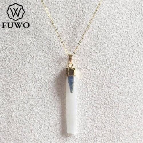 FUWO Trendy Women Natural Selenite With Blue Kyanite Stone Charm Necklace Genuine Gold Electroplate Jewelry Wholesale NC068