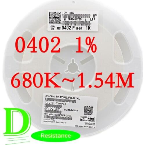 100PCS SMD Resistor RC Series 0402 1% RC0402FR-07 Series 680K-1.54M All resistors 680K 750K 820K 910K 1M 1.1M 1.2M 1.3M 1.5M