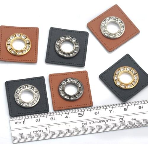 30pcs/lot 27mm square black/brown PU leather sew on Badges patch + 17mm metal brass glass rhinestone grommets eyelets 9mm hole