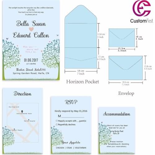 30pcs/lot personalized pocket kit spring tree pocket envelop+matching envelop+card+RSVP free shipping PKEE037V103