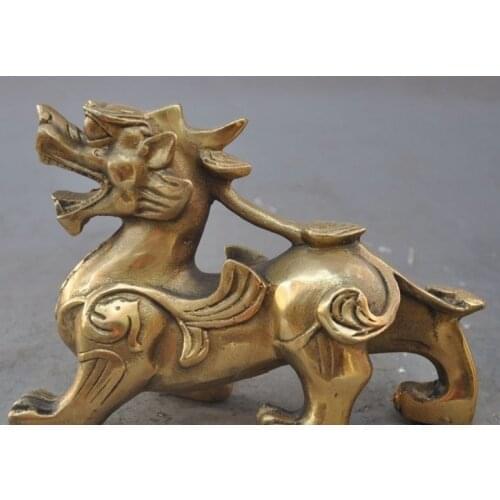 6"chinese fengshui brass wealth Unicorn Kylin Brave troops beast lucky statue