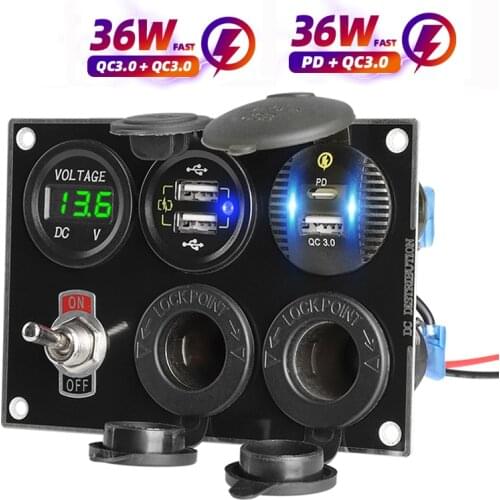 Type C Car Charger Digital Voltmeter 12V Usb PC Power Button Quick 12V Cigarette Lighter Socket 3.0 QC Charger Adapter Converter