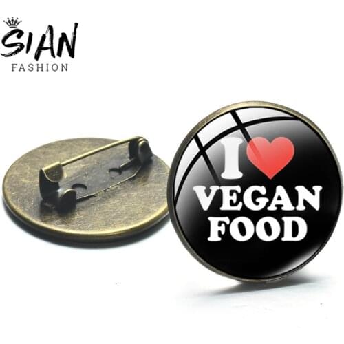 SIAN I Love Vegan Food Metal Brooch Be Healthy Vegetarian Series Art Glass Badge Pin Trendy Cartoon Jackets Clothing Accessories