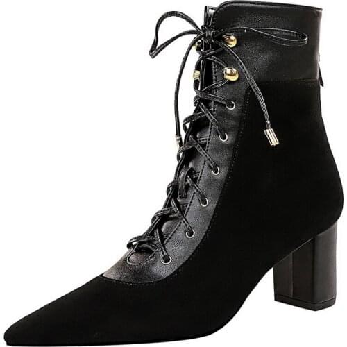 Black Flock Boots Women Pointed Toe Thick Heels Winter Lace Up Cross Strapping Ankle Boots Ladies