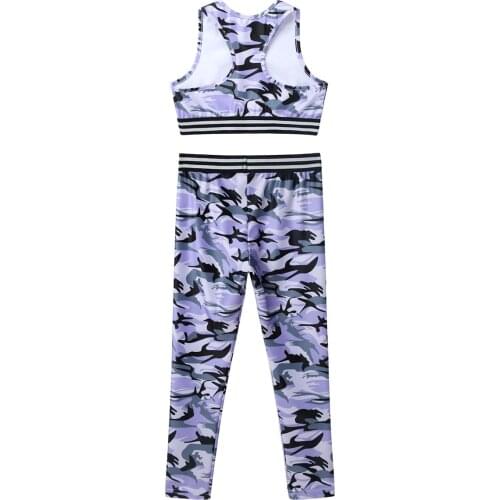 Kids Girls Workout Sport Suits Camouflage Printed Tanks Bra Tops Crop Top with Leggings Pants Stage Performance Workout Dance