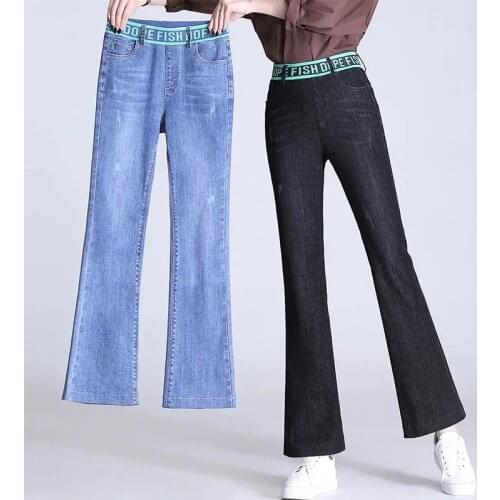 Spring Autumn High Waist Flare Jeans Elastic Plus Size Jeans Streetwear Bell Bottom Stretch Trousers Women Casual Denim Pants