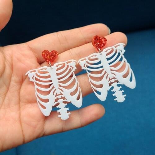 Halloween Horror Hollow White Skeleton Heart Drop Earrings For Women Hallowmas Costume Cosplay Scary Skull Dangle Earrings