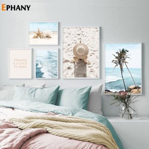 Nordic Blue Sea Canvas Painting Coconut Palm Leaf Conch Starfish Print Poster Beach Landscape Wall Pictures for Bedroom Decor