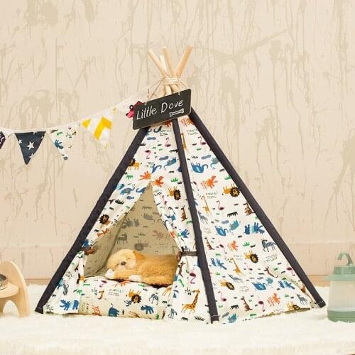 Kawaii Aninal Printing Canvas Pet Tents Removable Cat Bed Houses Cushion Sofa Bed Cat Cushions Pet Products Puppy Tent Mats Bed