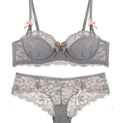 Girl sexy lace push up underwear bra set large size transparent ultra-thin section of half cup cup gray bra set