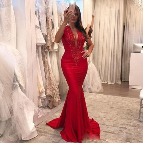 Hot Sale Red Mermaid Evening Dresses Appliques with Sequined Special Occasion Dress Sweep Train Satin Formal Evening Gowns