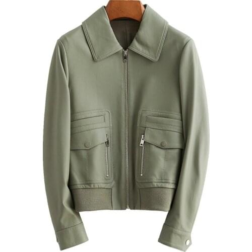 New Genuine Leather Leather Clothing Woman Short Lapel Zipper Sheep Skin Locomotive Leather Jacket
