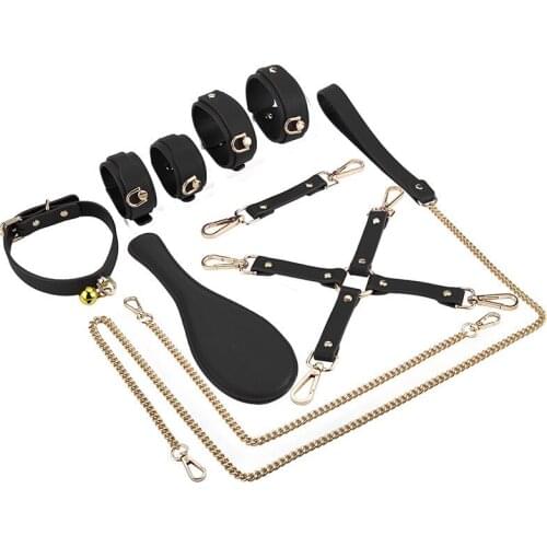 6Pcs SM Sex Suit Bdsm Bondage Set Handcuffs Shackles Collars Traction Ropes Leather Pat Breast Nipple Clips Feathers For Couples