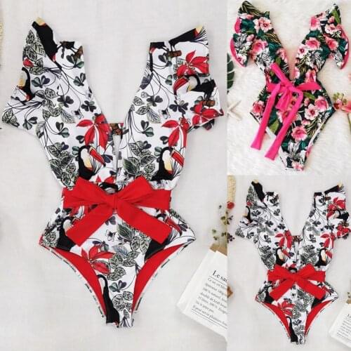 2021 New One Piece Monikini Deep V Neck Floral Print Swimsuit Summer Women Ruffle Sleeve Swimwear for Beach