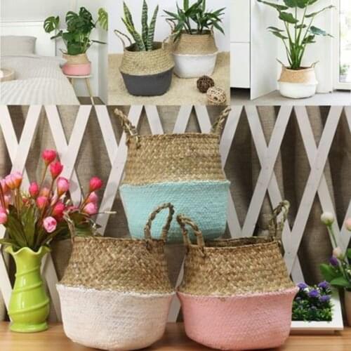 New Foldable Natural Seagrass Woven Storage Basket Pot Garden Flower Vase Hanging Wicker Basket Bellied Basket Household Storage