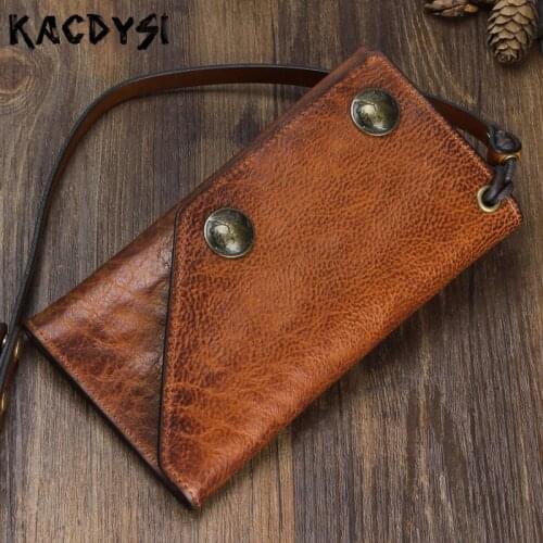 Original Handmade Unisex Wallets Real Cow Leather Mens Wallet Card Holder Retro Luxury Long Trifold Purse Day Clutches Wristlets