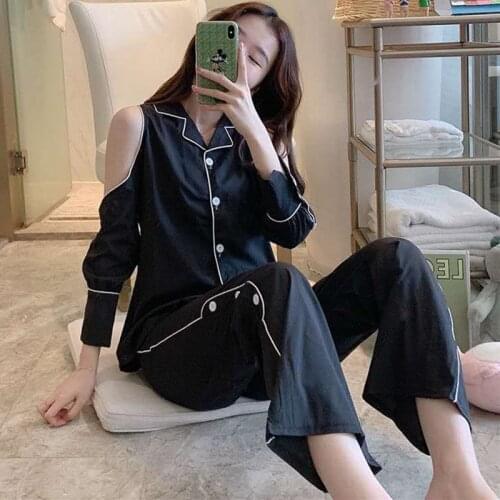 Sweet Off-Shoulder Long Sleeves Pajamas Women Fashion New Trousers Sleepwear Set Large Size Spring Autumn Pyjamas Suit Female