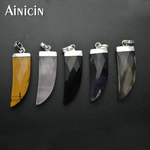 Horn Shape Natural Tiger Eyes Quartz Crystal Stone Pendant Silver Gold Plating Fashion Jewelry Making Findings 10pcs/lot