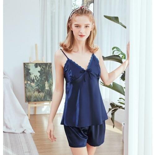 Roseheart Blue Red Women Sleep Nightwear Suits Pajama Set Sleepwear Printed Nightgown Faux Silk 2 Pieces Spaghetti Strap