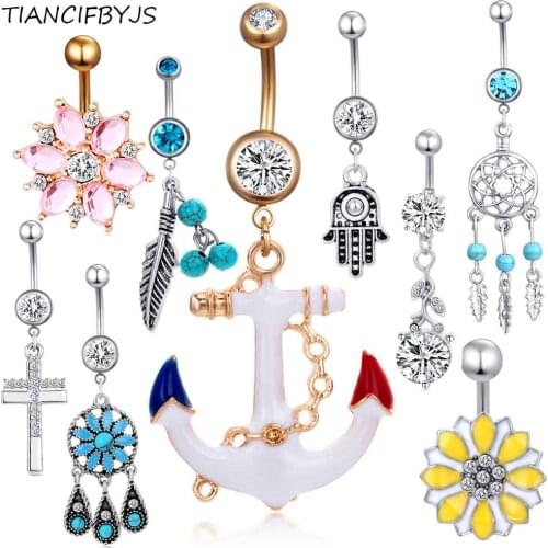 TIANCIFBYJS Mix 9 Styles 30pcs Fancy Body Piercing Earrying Jewelry Dangle Anchor Cross Flower Belly Bar Button Rings Nave Ring