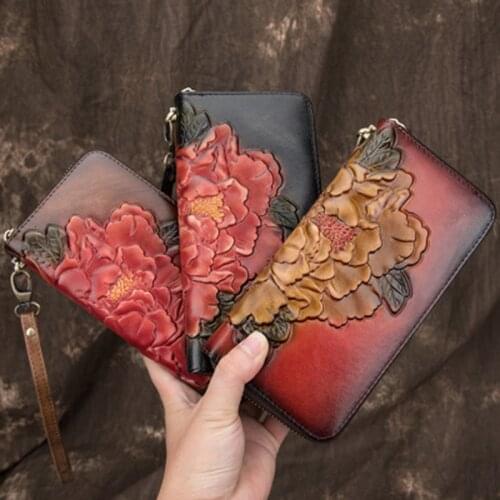 Embossed Women Clutch Wallet Zipper Bag Female ID Credit Cards Clips Cash Coin Floral Genuine Leather Long Purse Wrist Money Bag