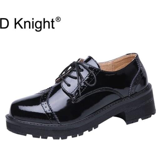 Spring Women Platform Shoes Woman Brogue Patent Genuine Leather Flats Lace Up Footwear Female Flat Oxford Shoes For Women Black
