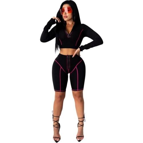 Women Sportwear Two Pieces Sets Fashion Women Line Zipper Tracksuit Long Sleeve Crop Top +Shorts High Waist Leggings Bike Set