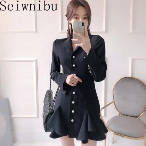 Seiwnibu Women Autumn New Korean Ruffle Single-breasted Pearl Business Office OL Evening Party Bodycon Pencil Sheath Dress