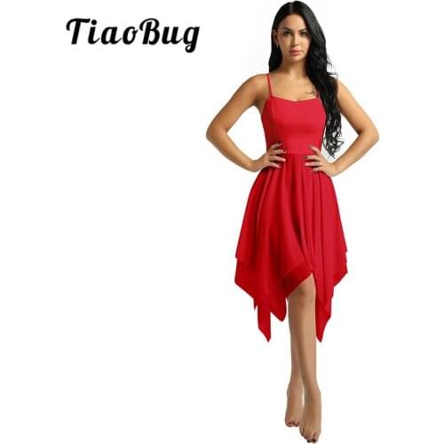 TiaoBug Women Modern Dancewear Spaghetti Straps Asymmetrical Chiffon Latin Ballet Dress Stage Performance Lyrical Dance Costumes