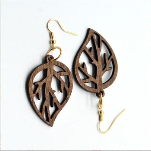 1 Pair Wood Leaves Earrings Hollow out Long Ear Drop Pieced Earring for Girls