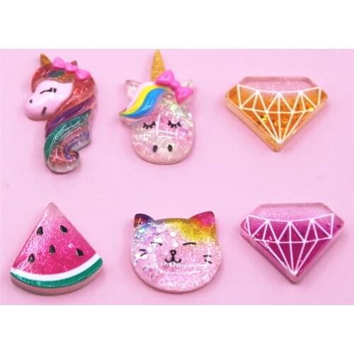 10pcs Resin Unicorn/Cat/Watermelon/Diamond Shiny Flat back Cabochon Art Supply Decoration Charm Craft hair bow center