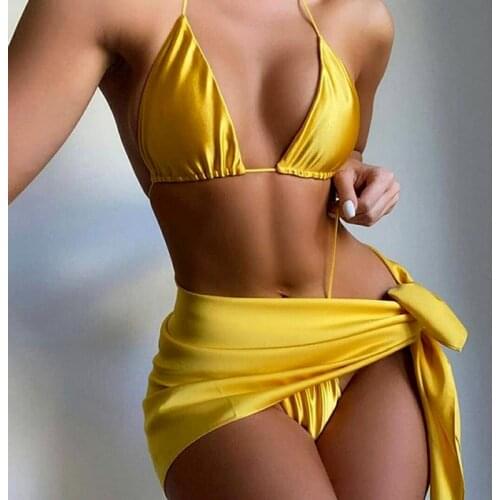 2021 Sexy Golden Halter 3pcs Micro Bikini Women Swimsuit Female Swimwear Three pieces bikini set Sarong Skirt bathing suit Swim