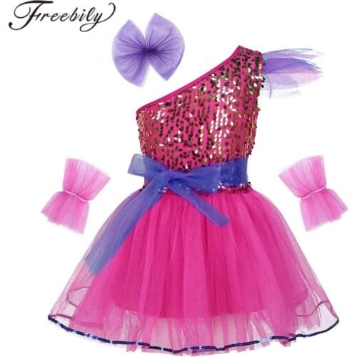 Kids Girls One-Shoulder Sparkly Sequins Balle Dress Ballroom Dancewear Rave Clothing Children Contemporary Jazz Dance Costume
