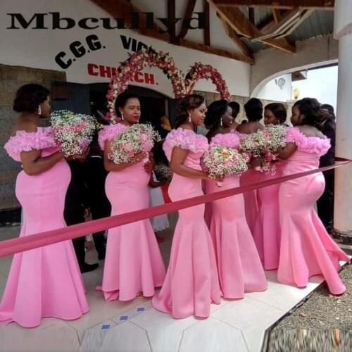 Mbcullyd Pink Long Bridesmaid Dresses With Ruffles 2020 Mermaid Wedding Guest Dress Sexy Off Shoulder Robe Demoiselle D'honneur