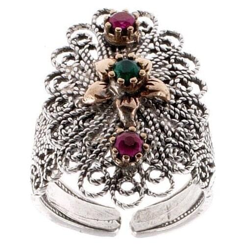 Ring 725 Sterling Silver Emerald and Ruby Filigree Inlaid Mardin Assyrian Turkish Special Hoop Adjustable Finger Width Jewelry