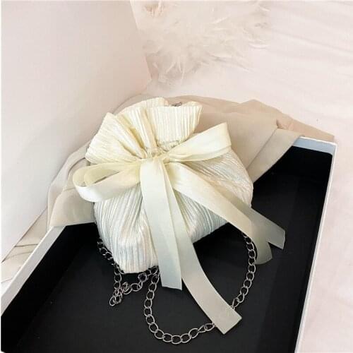 Korean women bag Silk Bucket Bow string Chains Solid Ruched ladylike Shoulder Bag Princess bag