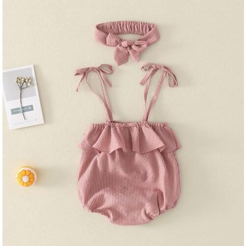 Cute Striped Newborn Rompers with Headband 2020 New Summer Sleeveless Baby Girls Jumpsuit Bow Spaghetti Strap Infant One-piece