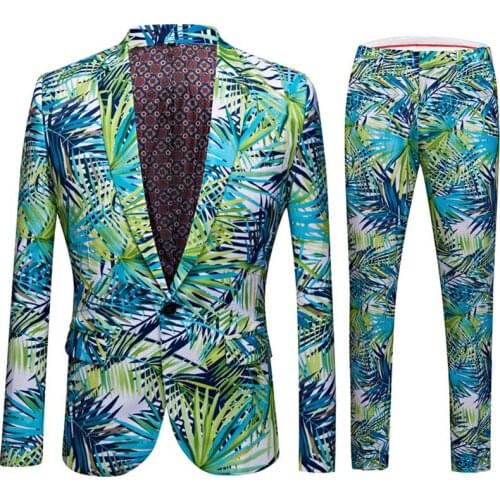 Bamboo-Leaf Printed Men Suit New Korean Holiday Slim Fit 2 Pieces Set One-Button Blazers Pants Casual Summer Suits Hawaii