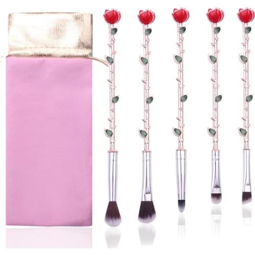 5Pcs Rose Flower Makeup Brush Set Metal Handle Makeup Tools Valentines Day Gift Girl Gift