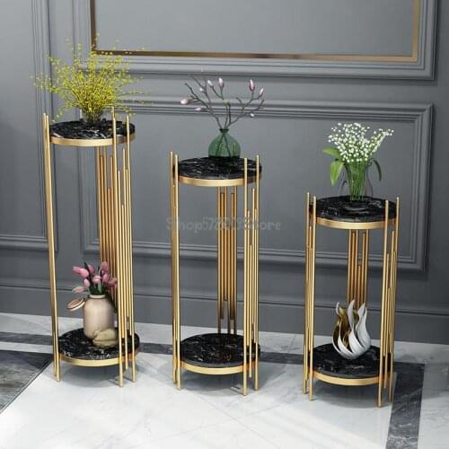 Nordic simple light luxury flower stand ornaments marble iron floor-standing shelf indoor living room flower pot shelf