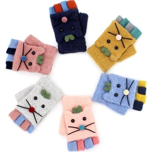 Student Half Finger Flip Gloves Cute caracat Yarn Gloves Warm Fingerless Gloves Female Winter a Generation of Fat
