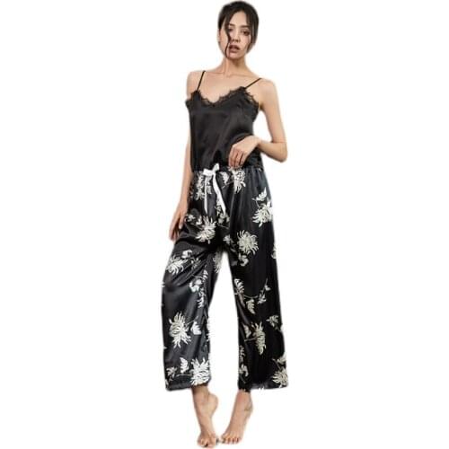 Sleeveless Satin Sexy Nightwear Black Lace Pajamas with FlowerPants Loose Strap Intimate Lingerie Sleepwear Women Pj Set